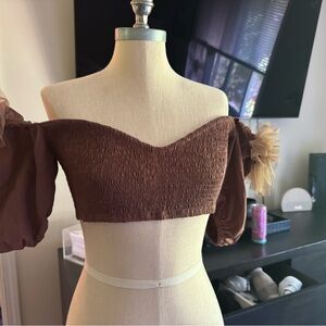 House of CB Brown Smocked Crop Top